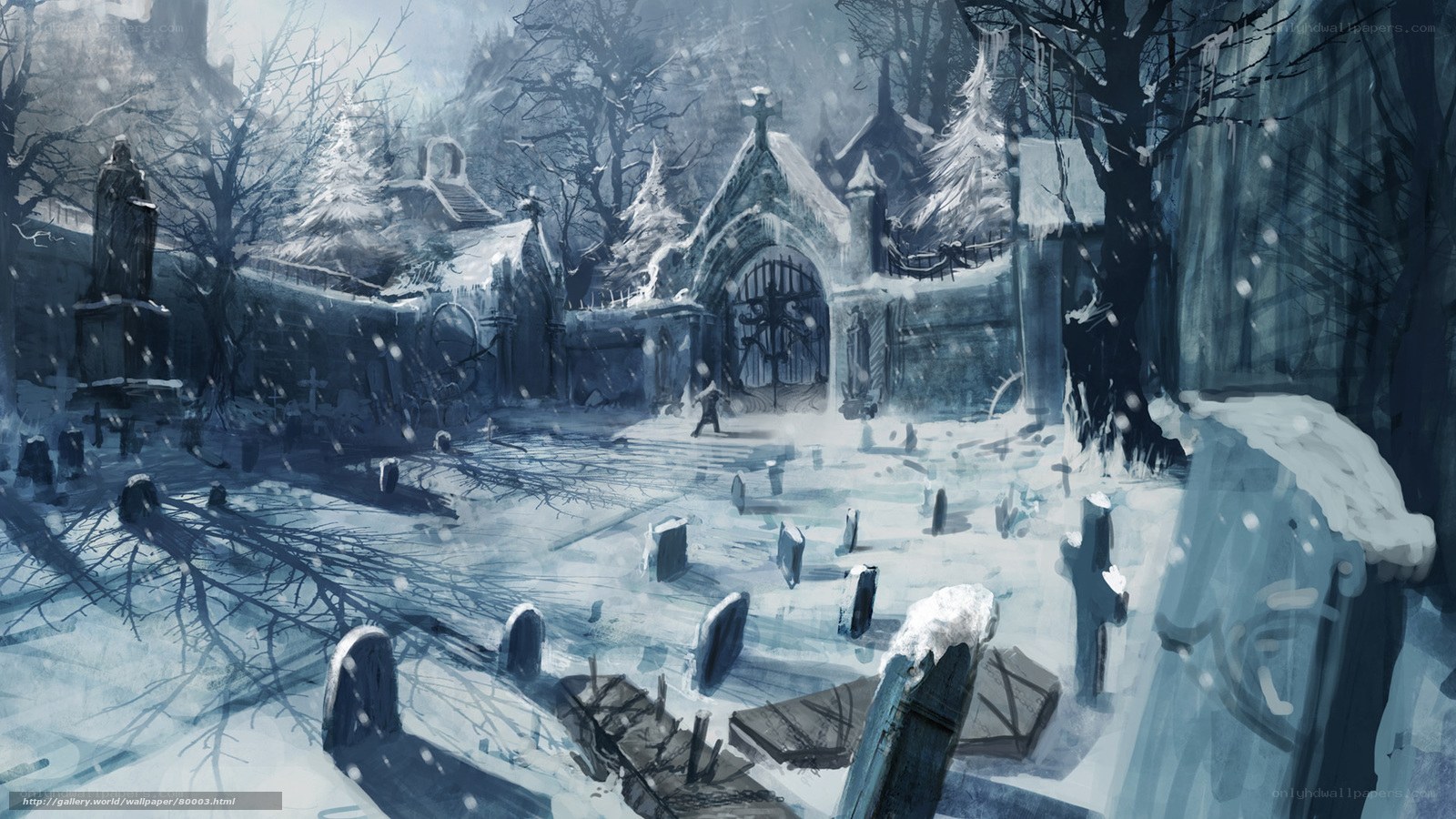Snowy cemetery at night