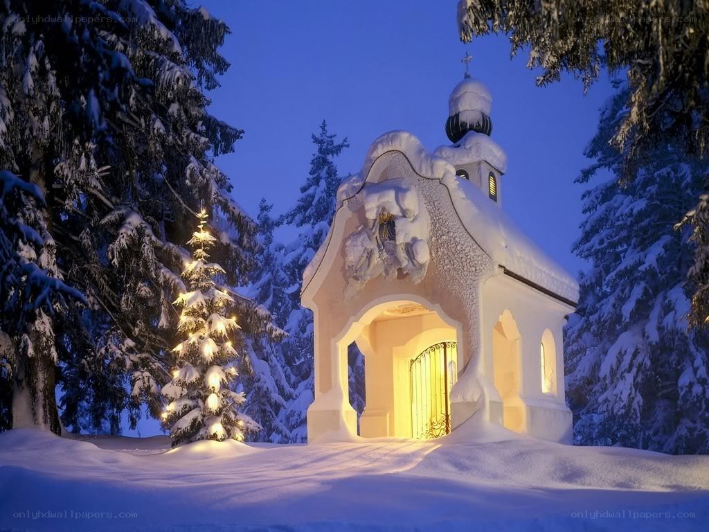 Snowy chapel at dusk