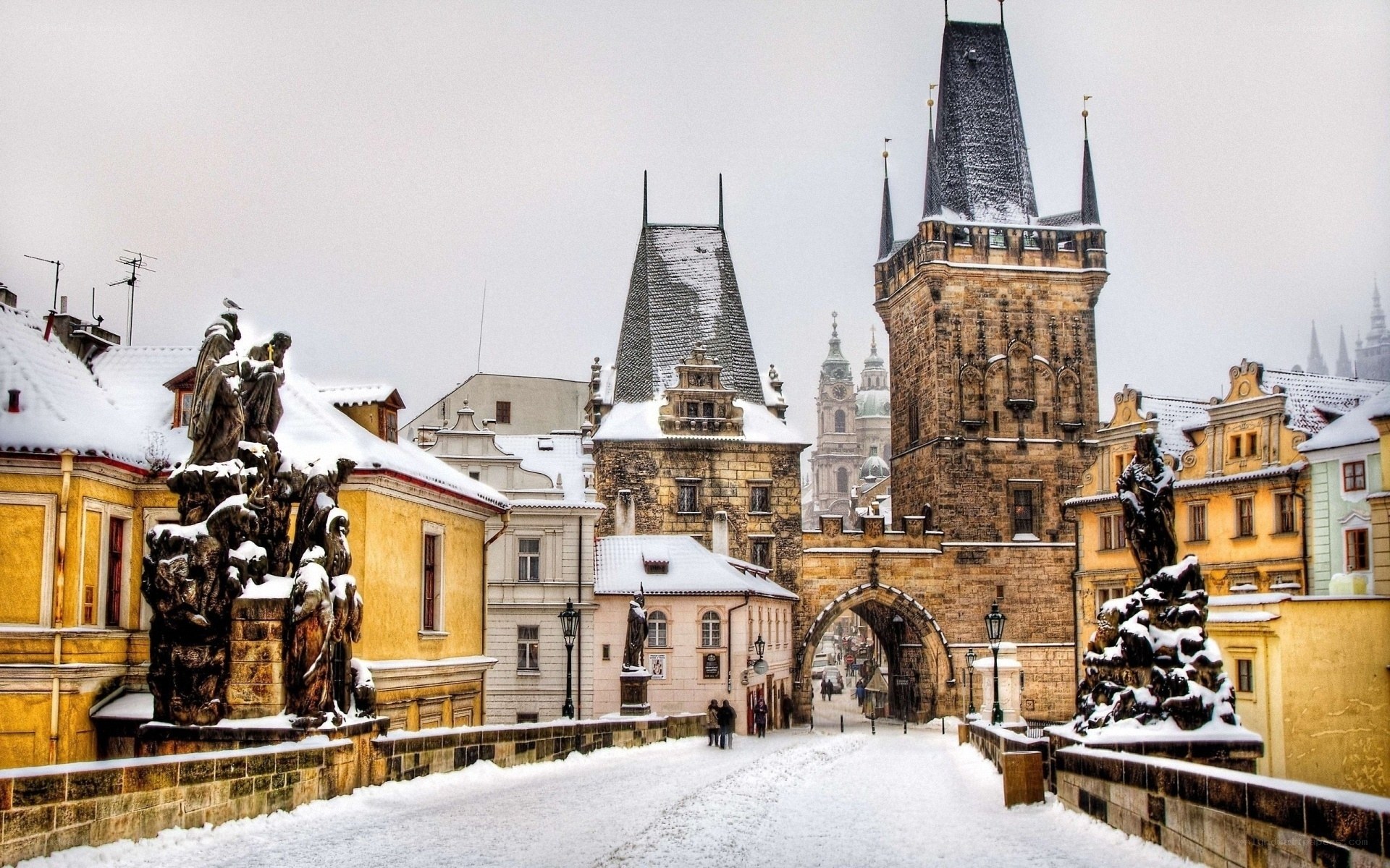 Snowy Charles Bridge in Prague