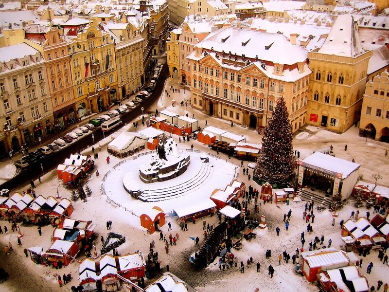 Snowy Christmas market in Prague