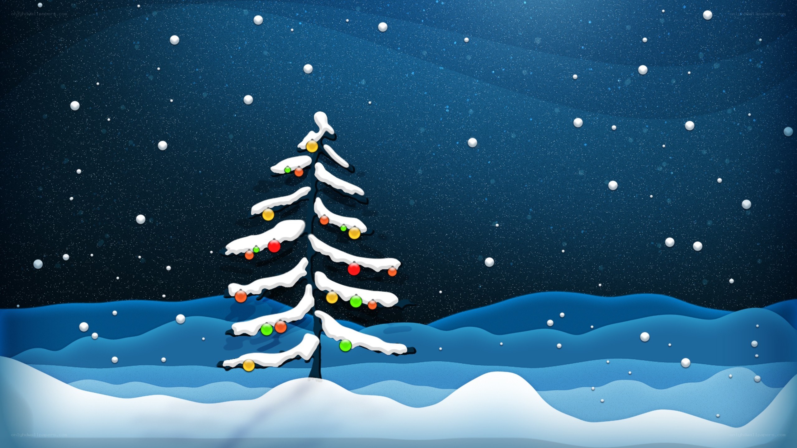 snowy christmas tree at night