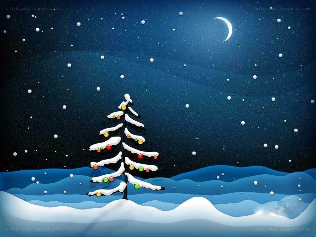 Snowy Christmas tree at night