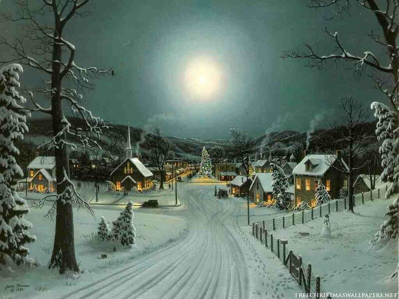 Snowy Christmas village at night
