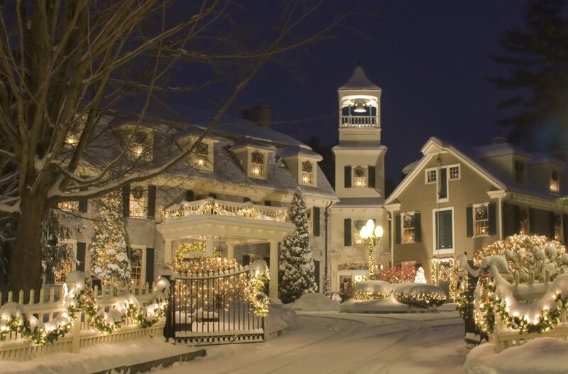 Snowy Christmas village at night