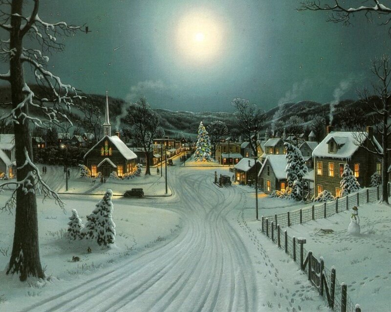 Snowy Christmas village at night
