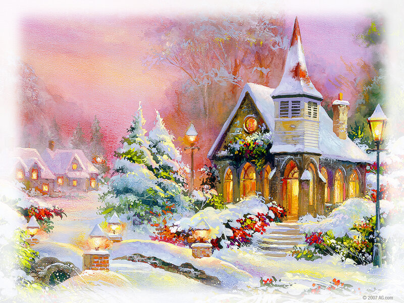 Snowy Church at Dusk