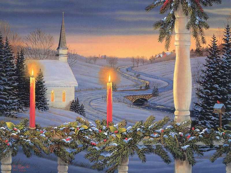 Snowy Church at Dusk — White