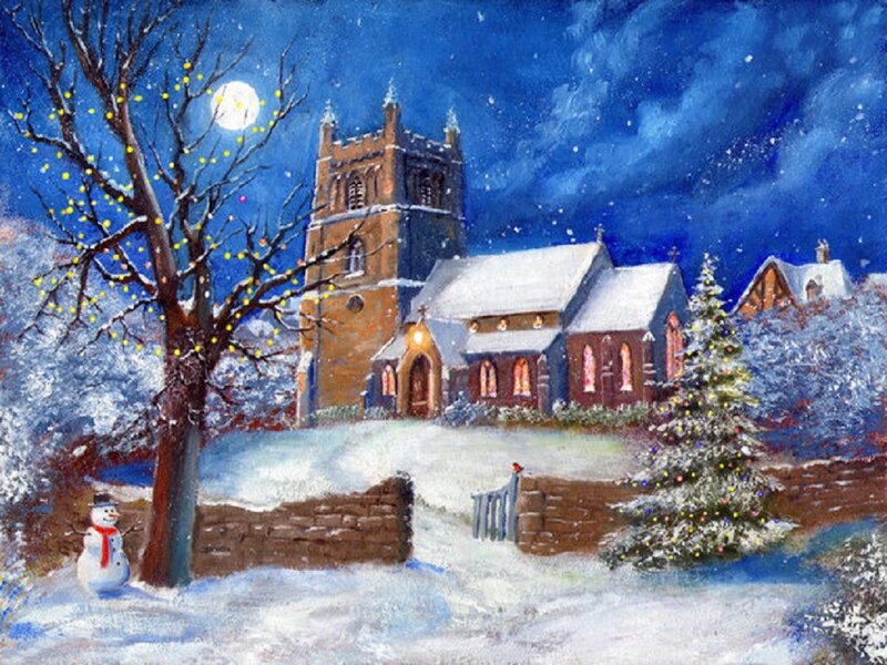 Snowy Church at Night — Blue, Peaceful