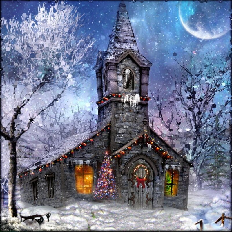 Snowy Church at Night — Blue