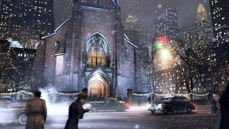 Snowy Church at Night — Gray