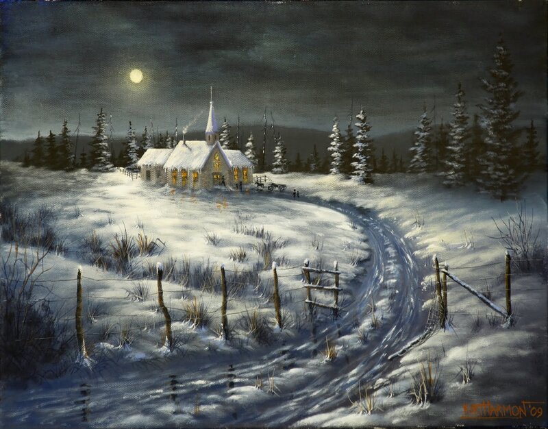 Snowy Church at Night — White, Serene