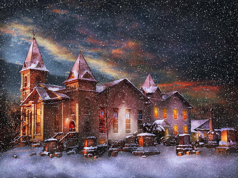 Snowy Church at Night — White