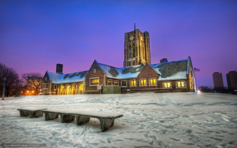 Snowy church at twilight