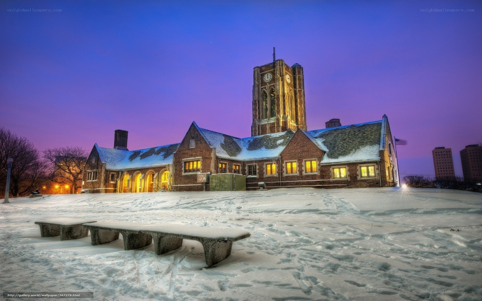 Snowy church at twilight