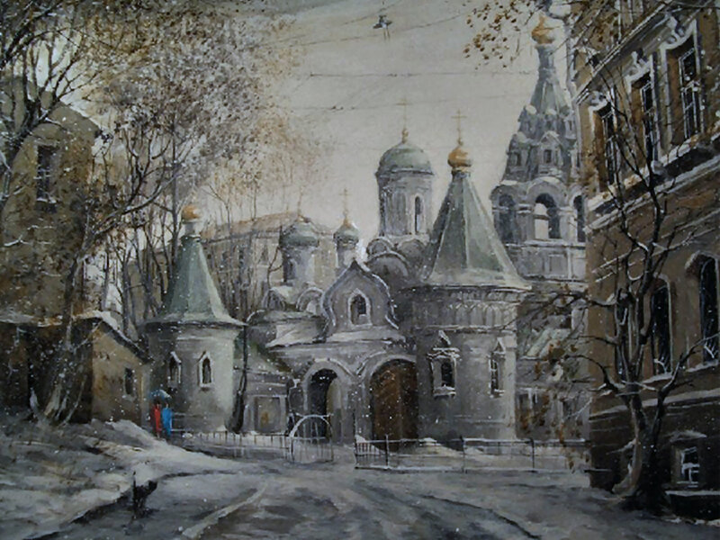 Snowy Church in City