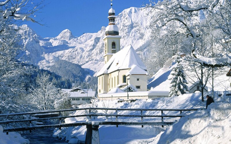 Snowy church in the Alps
