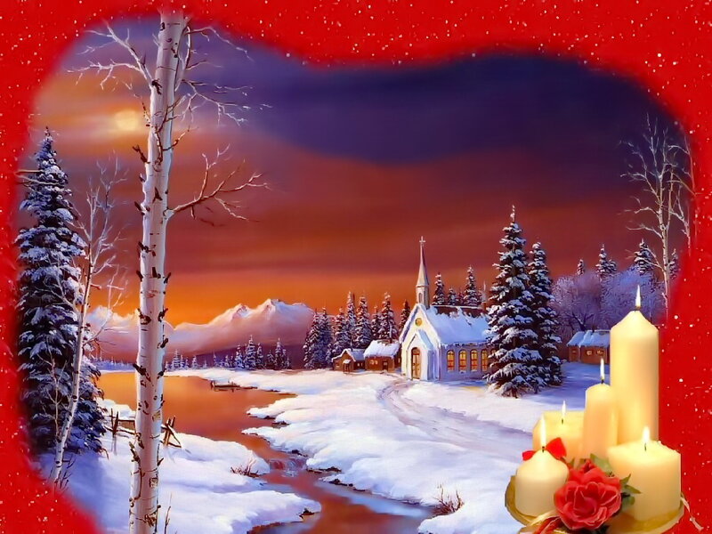 Snowy Church Landscape — Red