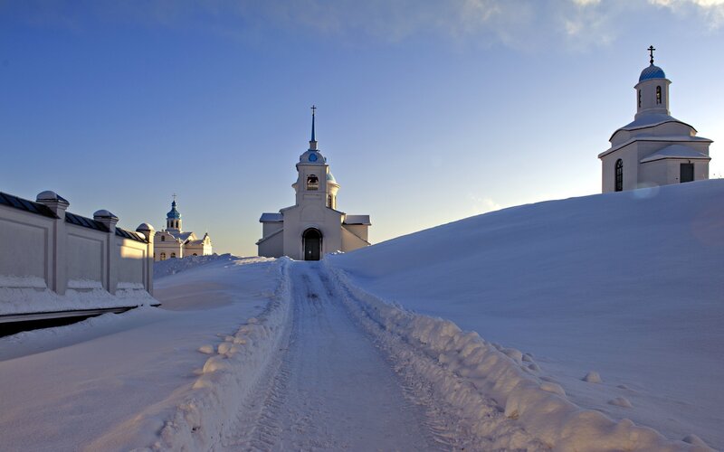 Snowy church path
