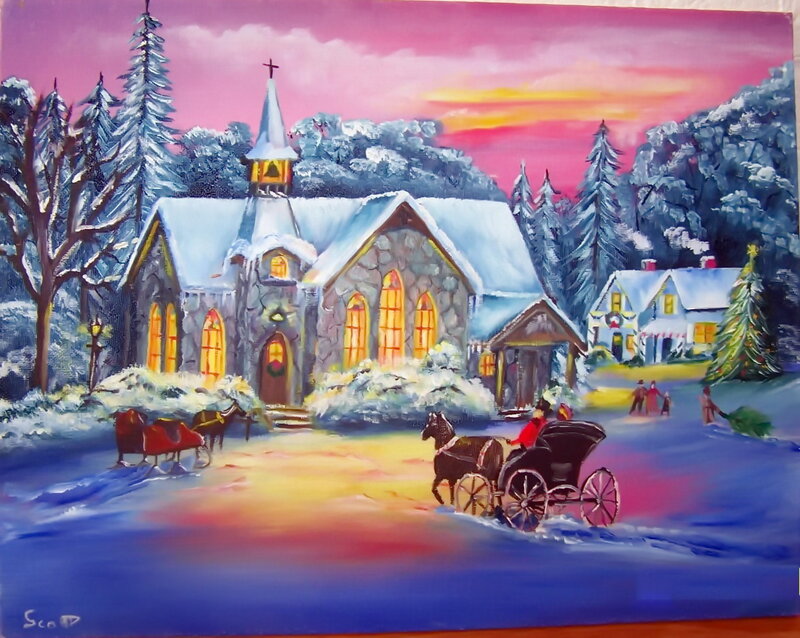 Snowy Church Scene — Pink