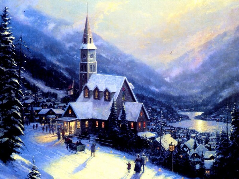 Snowy Church Village Scene