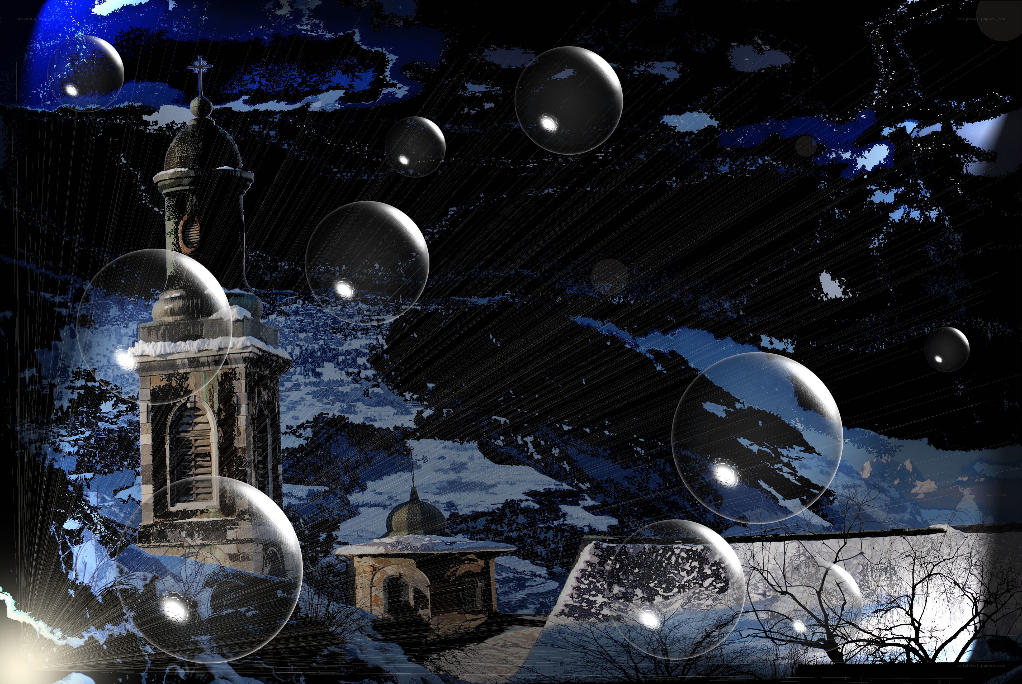 Snowy church with bubbles