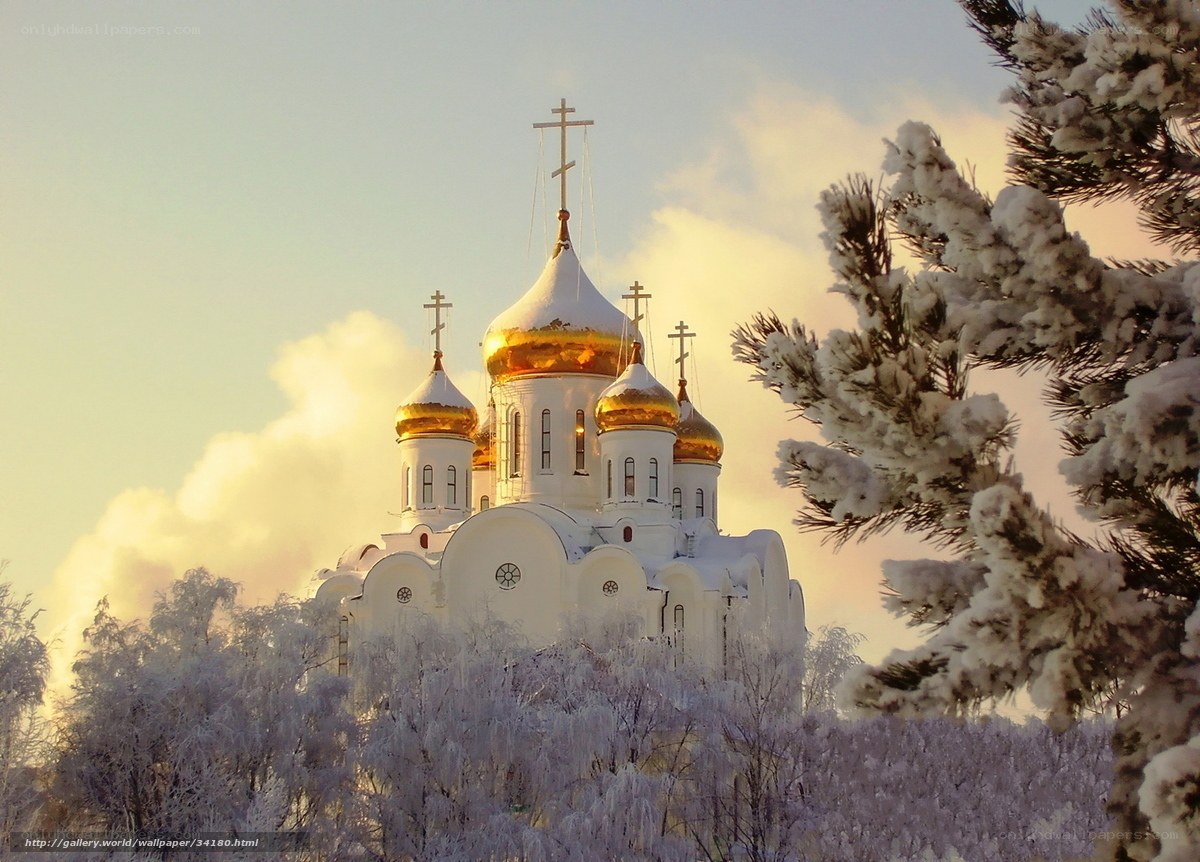Snowy church with golden domes