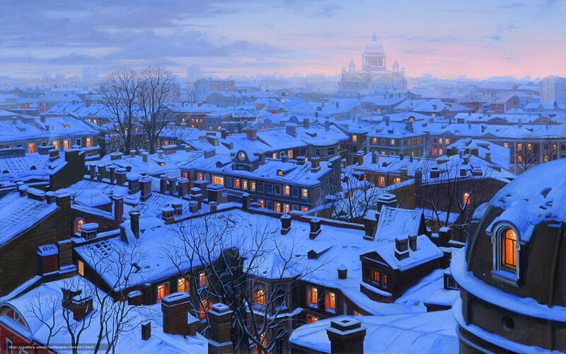 Snowy city at dusk