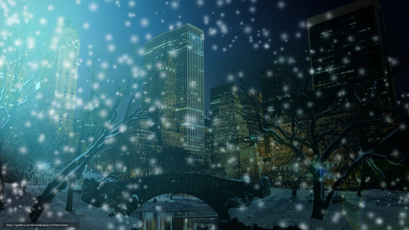 Snowy city at night