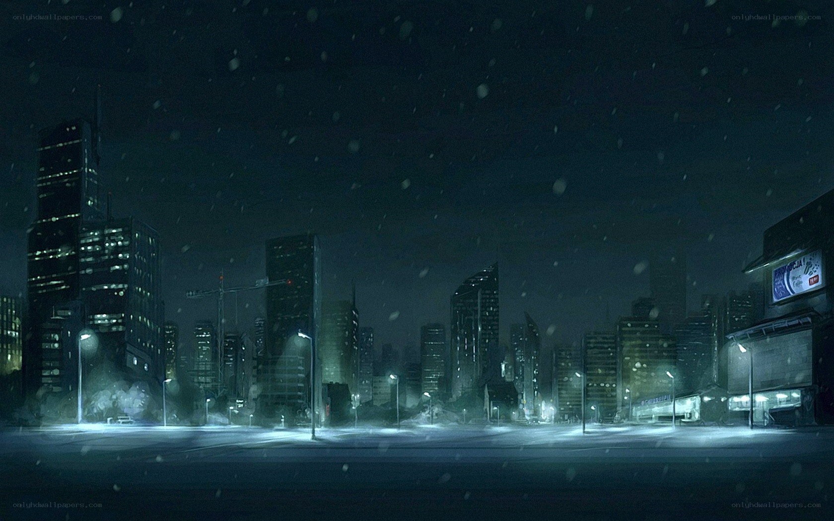 snowy city at night