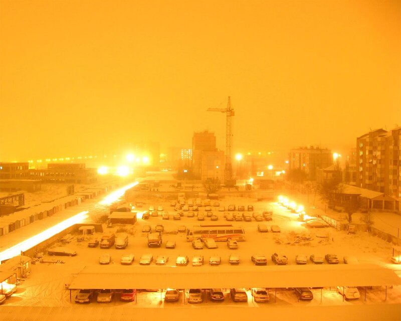 Snowy city at night