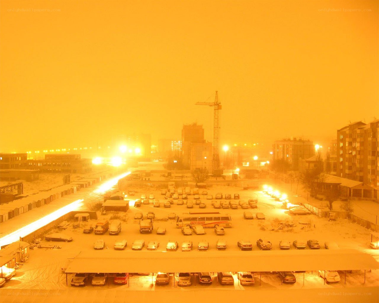 Snowy city at night