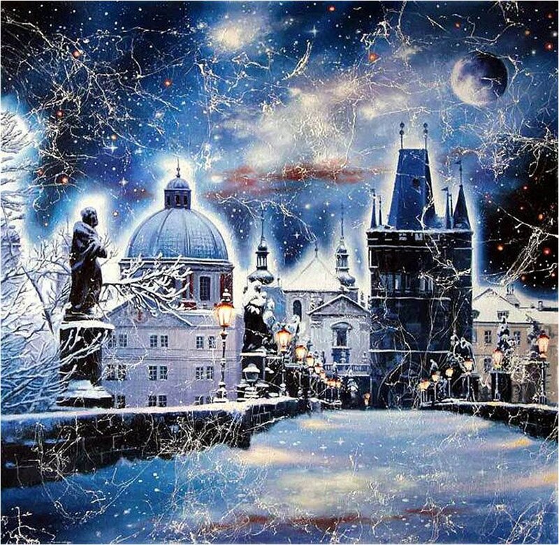 Snowy City at Night — Blue