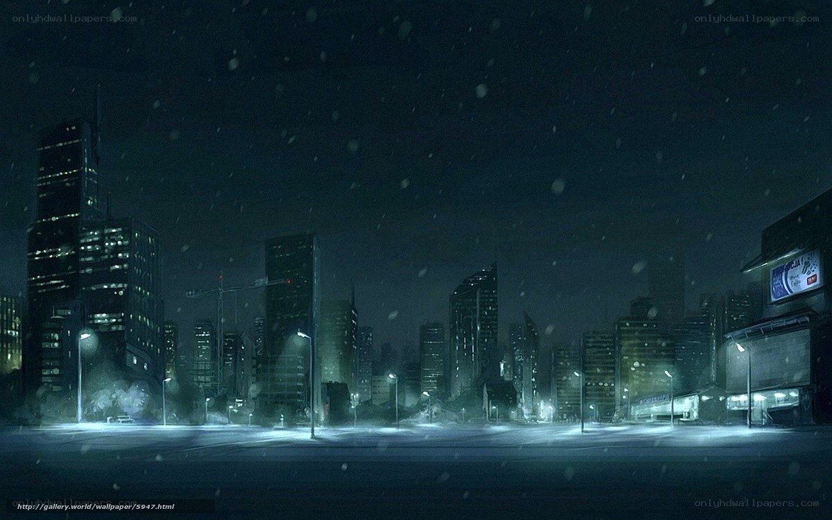 snowy city at night