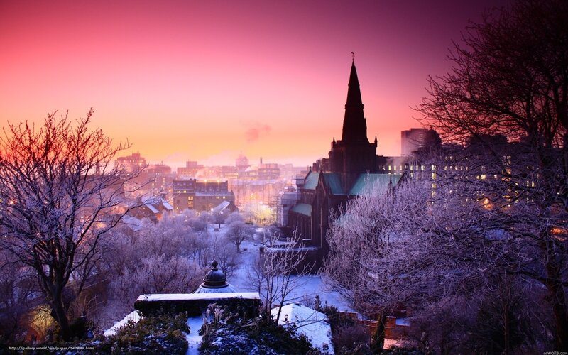 snowy city at sunset