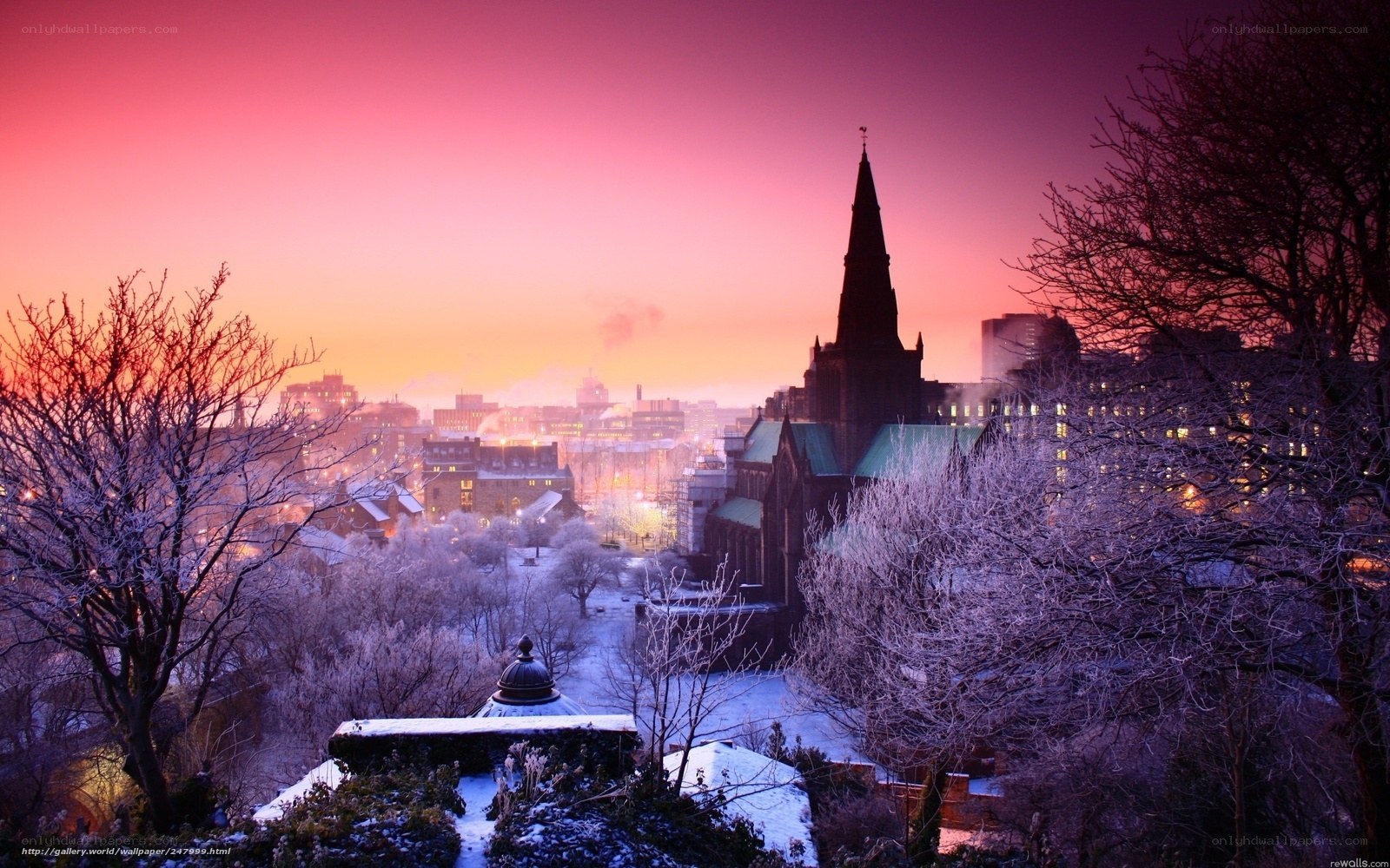 snowy city at sunset
