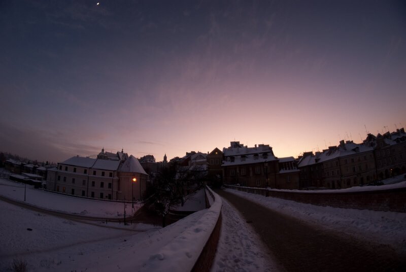Snowy city at twilight
