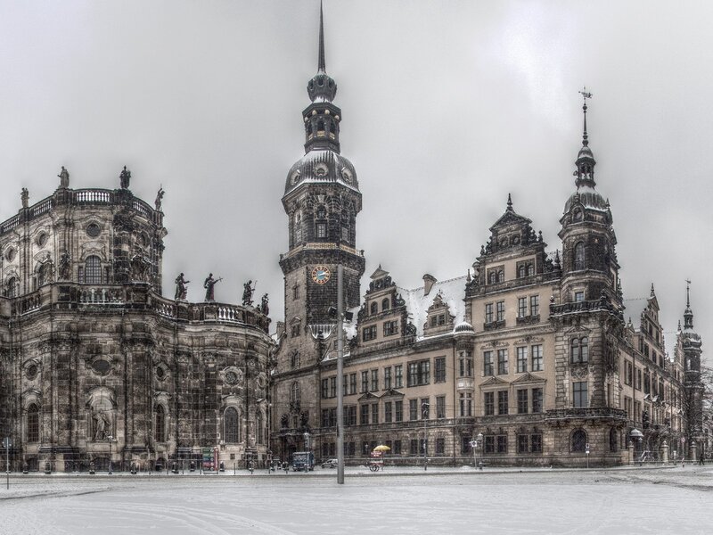 Snowy city hall and church
