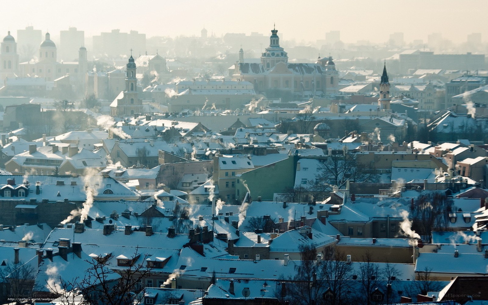 Snowy city rooftops in winter