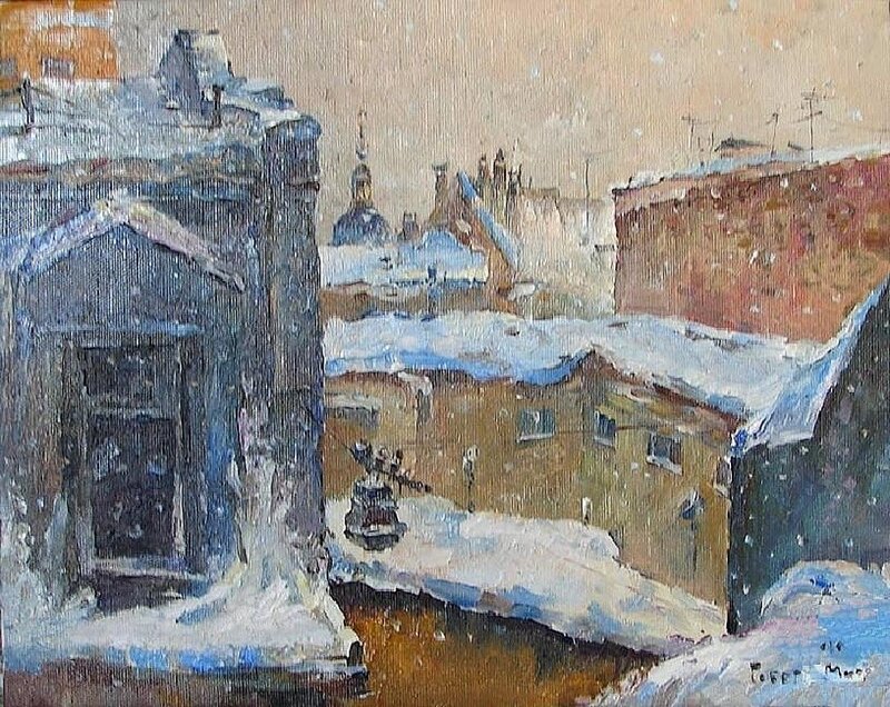 Snowy city rooftops