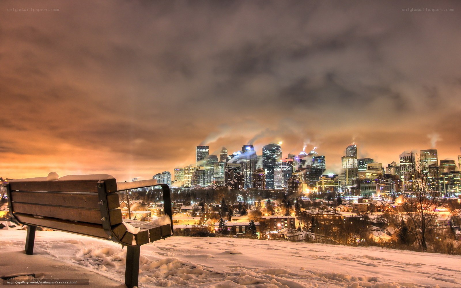 Snowy city skyline at night