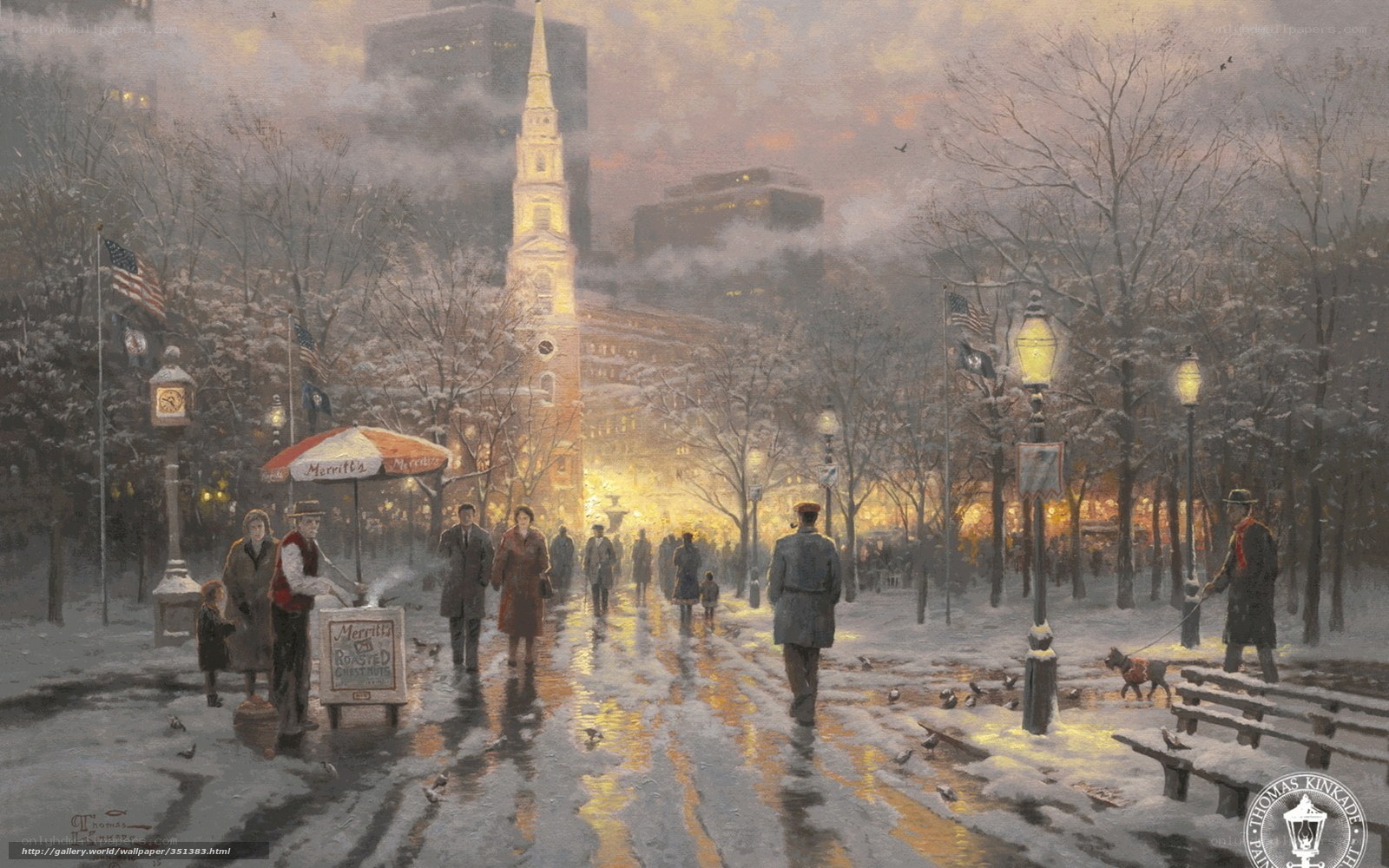 Snowy City Square at Dusk