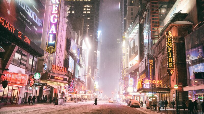Snowy City Street at Night — White, Cold