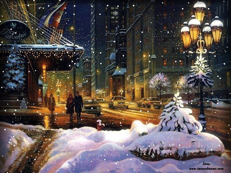Snowy City Street at Night — White