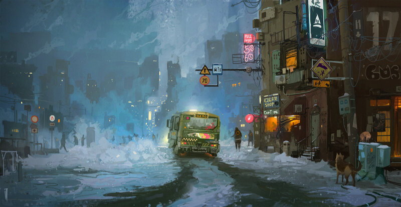 Snowy City Street — Blue, Dramatic, Night