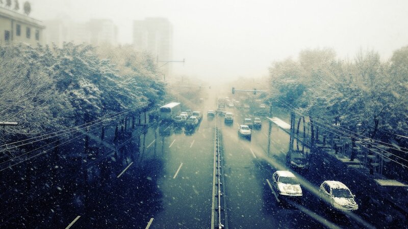 Snowy City Street — Blue, Dreary