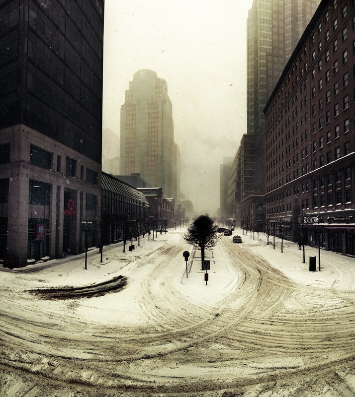 Snowy city street during a storm