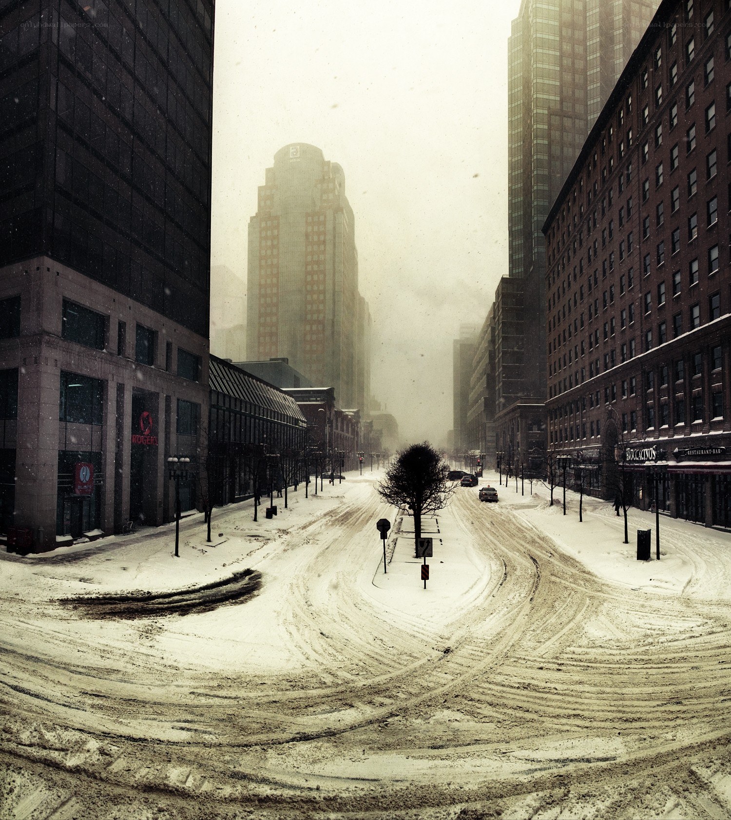 Snowy city street during a storm