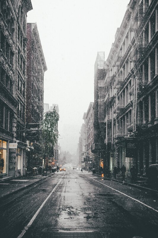 Snowy City Street — Gray, Dreary