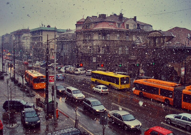 Snowy City Street — Gray, Overcast