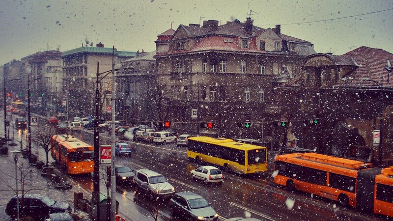 Snowy City Street — Gray, Overcast, Winter, Photograph, Buses